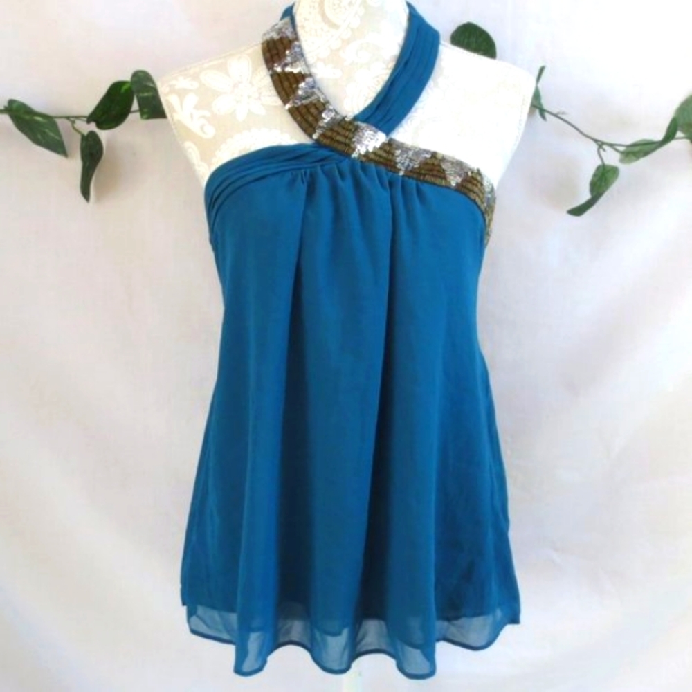 New Marineblu Halter Top Deep Teal Silver Sequin Gold Beaded Evening Size M